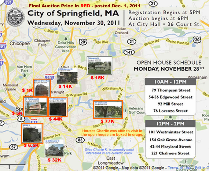 map of city of springfield and images where the houses for the november 30 auctions are.  If there is a link then I went to those properties on the open house day.